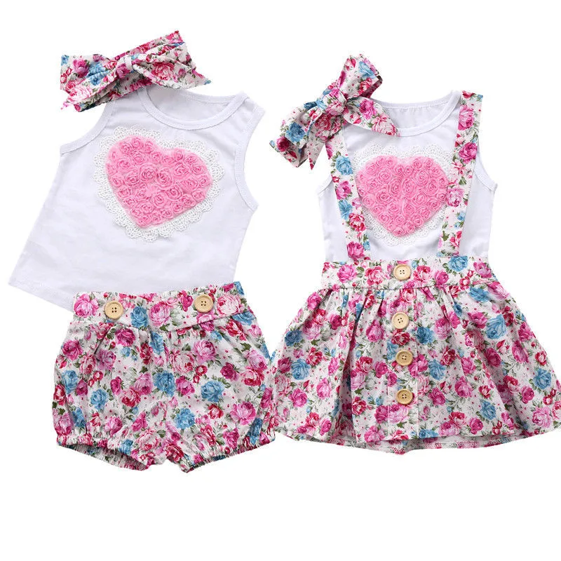 

Baby Girl Summer Casual Clothing Sets 0-6Y Kids Children Sister Matching Outfits Floral Tank Tops Strap Skirt Shorts Headband