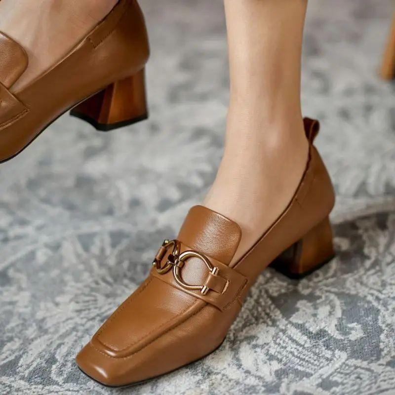 

KemeKiss Women Pumps Cow Leather Fashion Square Toe Metal Buckle Woman Spring Daily Office Lady Home Footwear Size 34-42