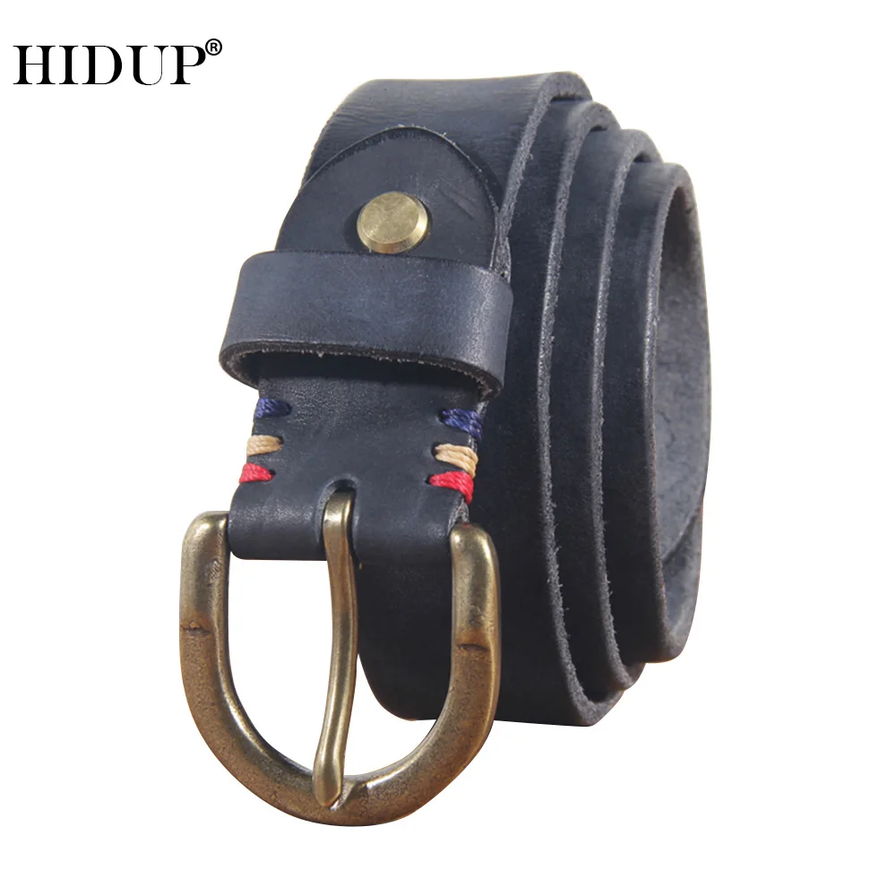 

HIDUP Unique Design Top Quality Cowhide Leather Belts Retro Styles Brass Pin Buckle Metal Belt for Men Jeans Accessories NWJ944