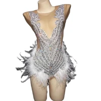 white feathers shining rhinestones bodysuits long sleeve gauze perspective theatrical costume for women bar dance clothing