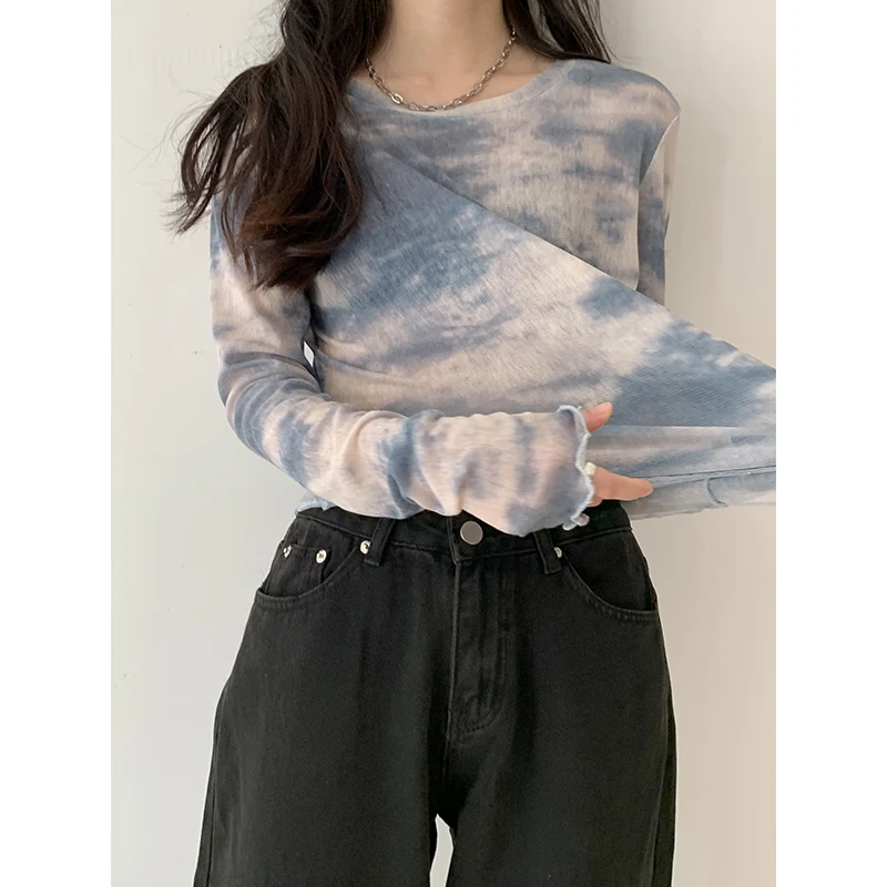 Женская футболка Yedinas Сетчатая с длинным рукавом круглым вырезом и складками в