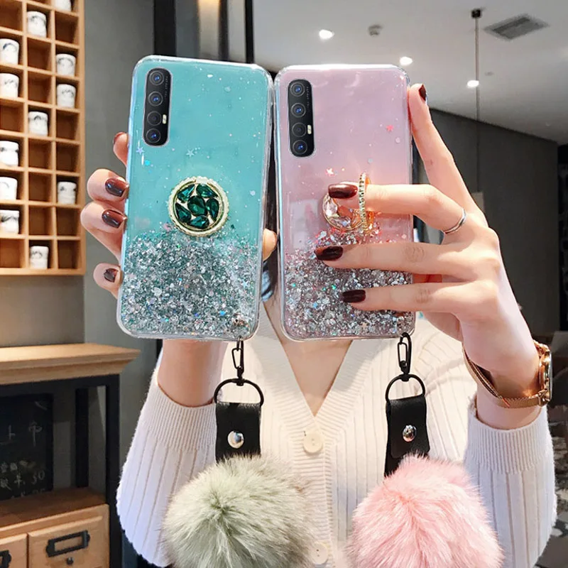 

Fur Ball Holder Glitter Case For Vivo S10 S1 IQOO Pro NEO S5 S6 S7 S9 S9E NEX 3 U1X Y7S Silicone Sequins Transparent Strap Cover