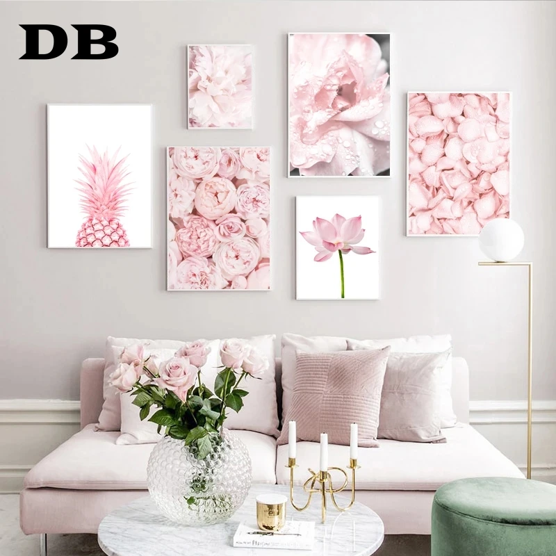 

Pink Rose Flower Pineapple Lotus Plant Nordic Poster Modern Wall Art Print Canvas Painting Wall Pictures For Living Room Decor