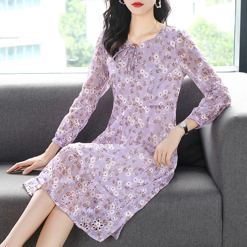 

2021 Spring High-end Temperament Women Dress Fashion Casual Long Sleeve Print Chiffon Dress Plus Size Party Long Dress