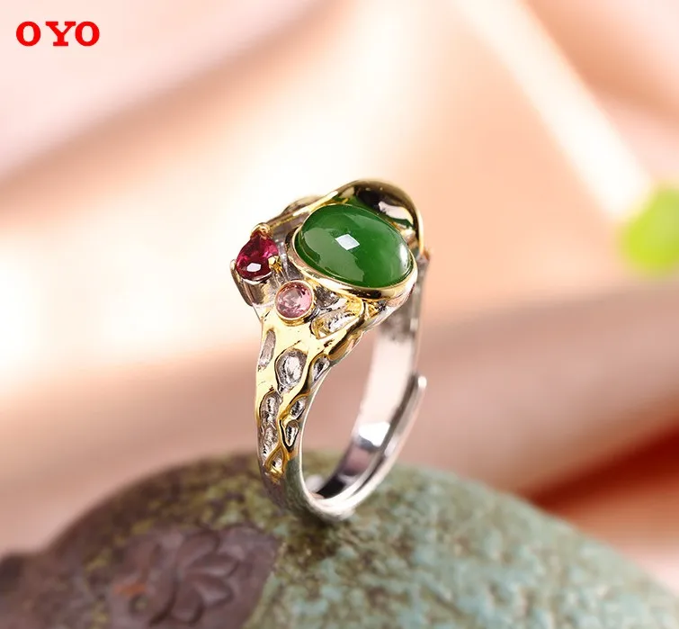 s925 silver jewelry antique women's Hetian jasper ring opening