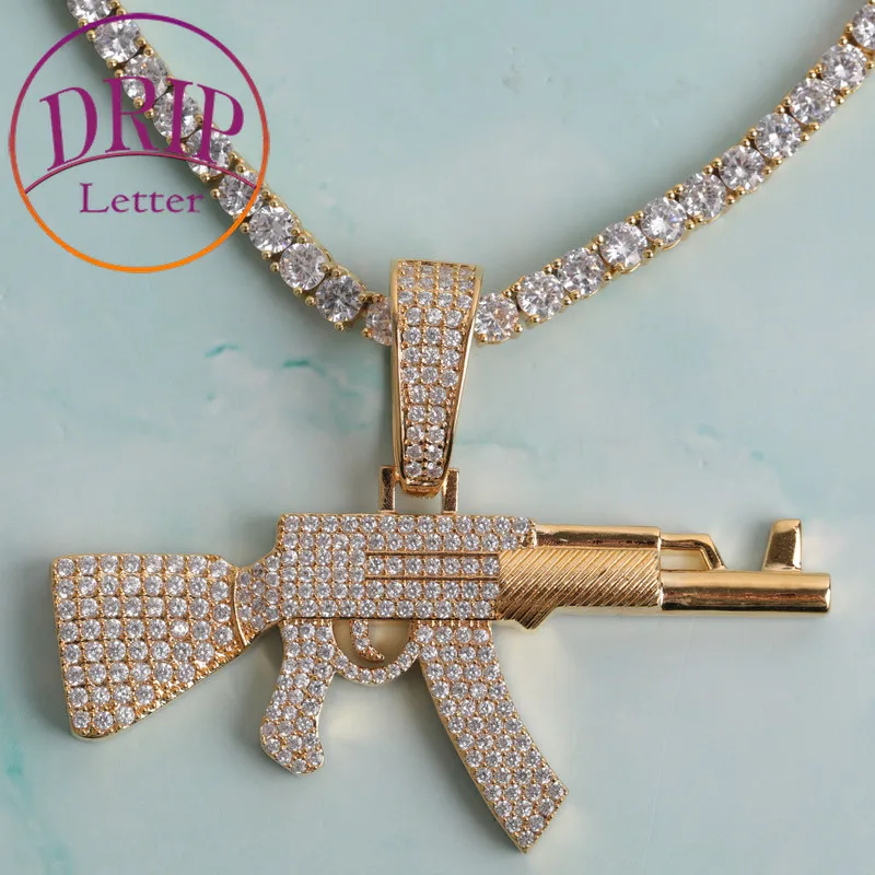 

Gun Pendant Iced Out Real Gold Plated Jewelry for Men Hip Hop Necklace