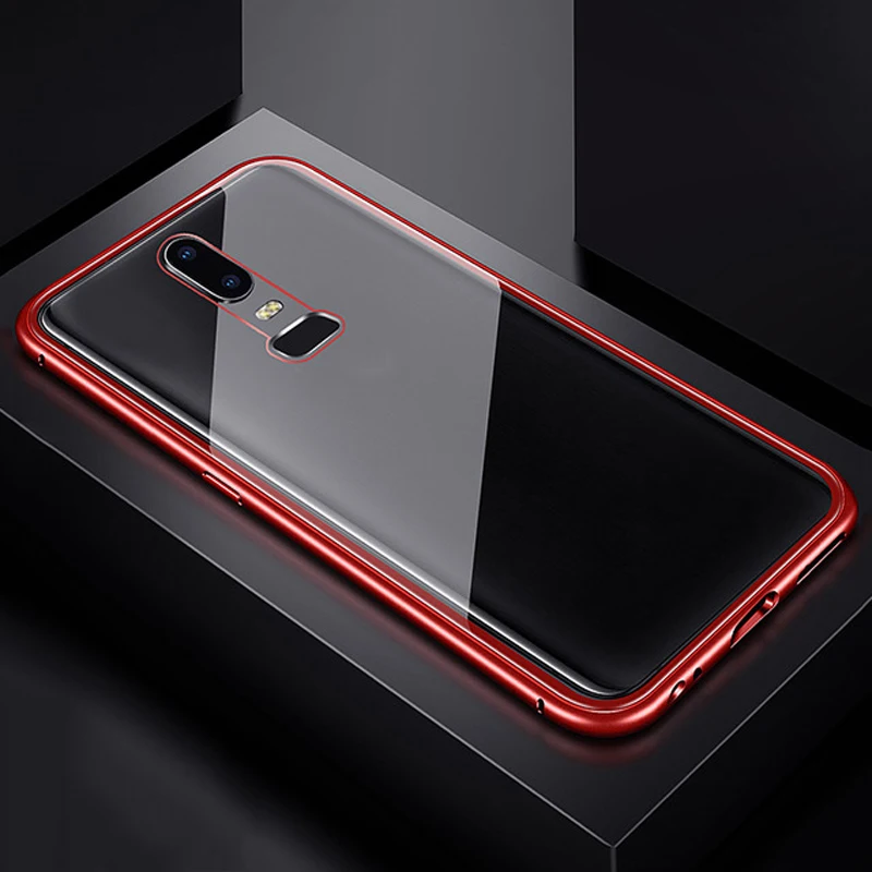 Clear With Red Металлический магнитный адсорбционный стеклянный чехол для Oneplus 7 Pro 6 6T 5T One plus чехол для телефона Магнитный защитный чехол - Цвет: Clear With Red