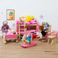 mini dollhouse furniture pretend toy wooden family puppets toys pink kitchen bedroom educational toys for children stories