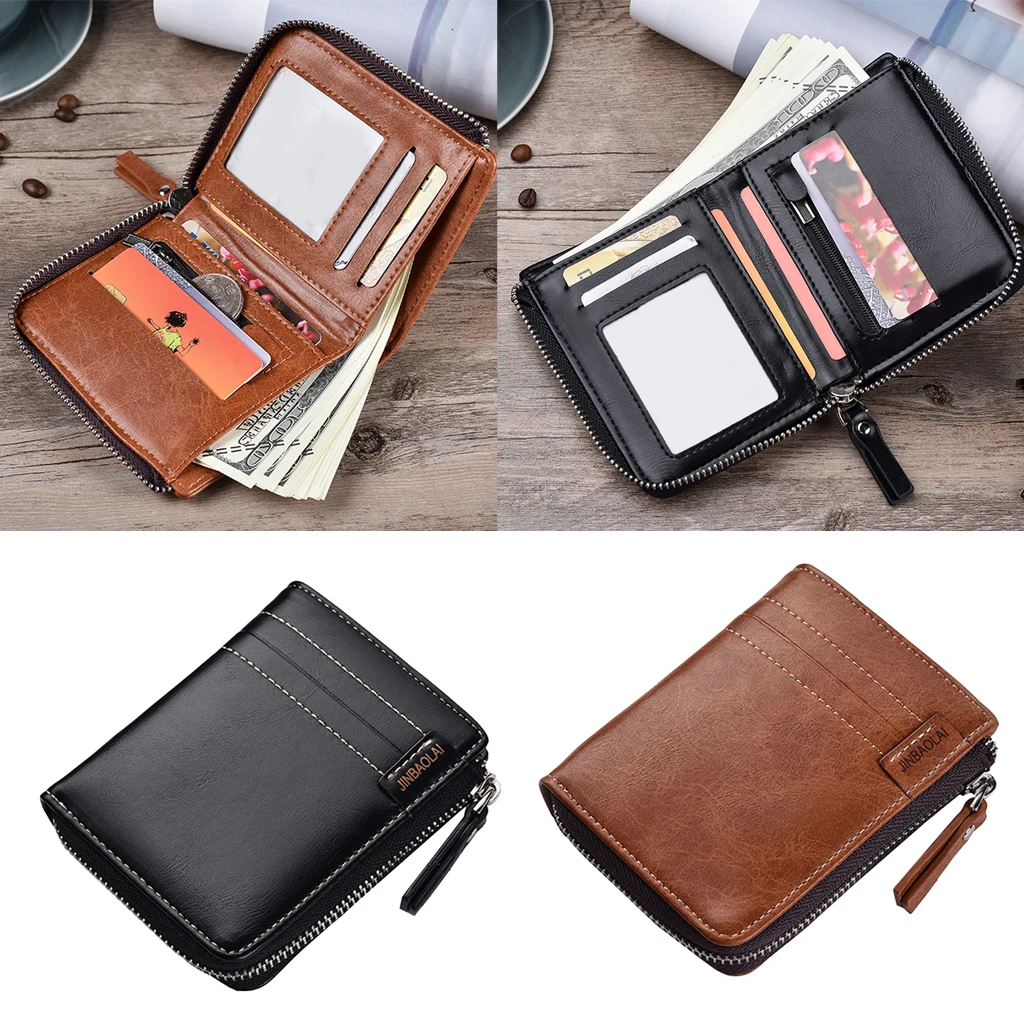 

Men's PU Leather Zip Around Wallet ID Card Window Secure Zipper Bifold Purse