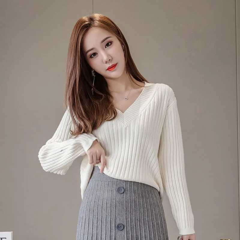 White sweater Комплект из 2 предметов, женский осенне-зимний вязаный пуловер с v-образным вырезом, топ и плиссированная длинная юбка, комплект из 2 предметов, свитер, костюмы - Цвет: White sweater