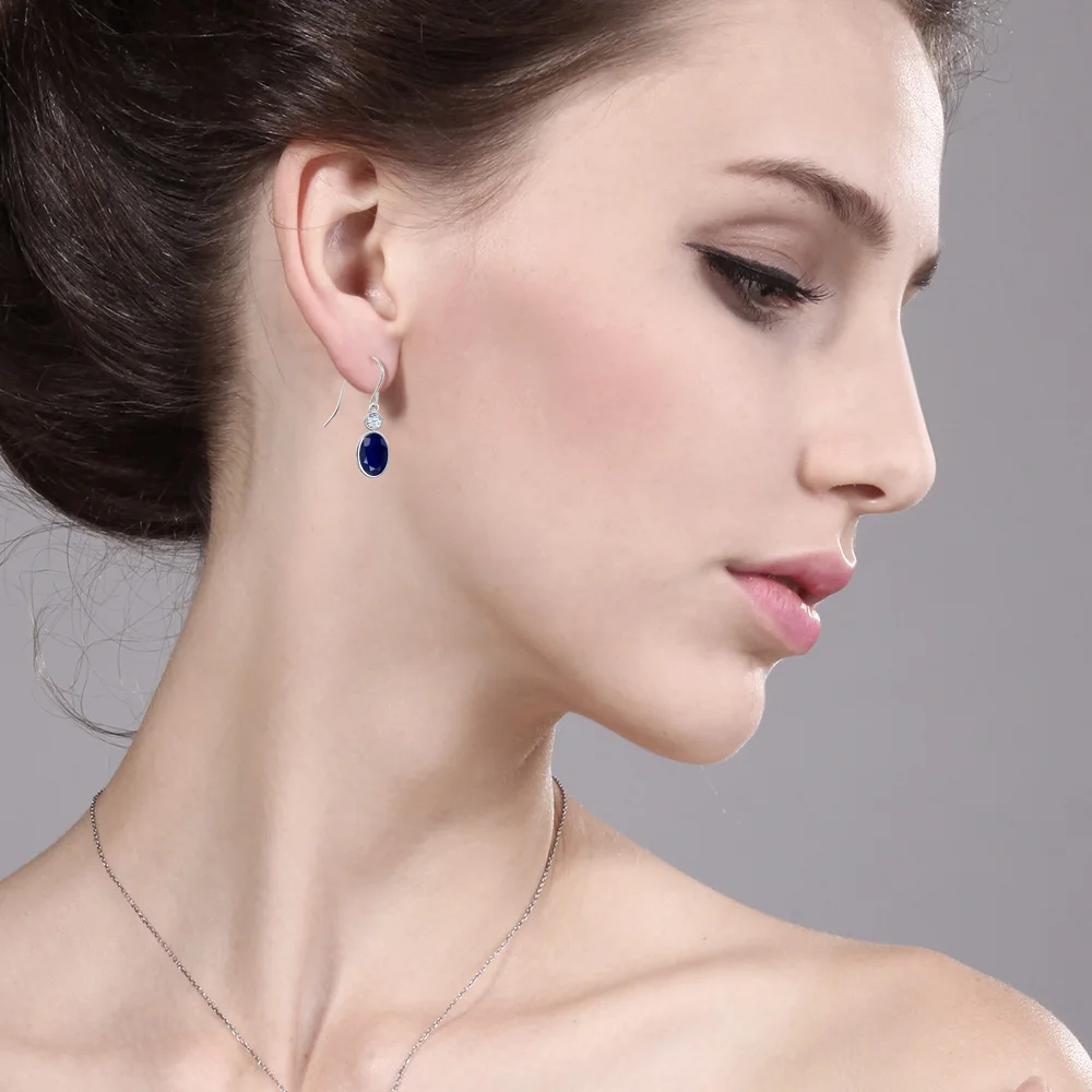 GemStoneKing 14K White Gold Earrings For Women 3.84 Ct Oval Natural Blue Sapphire Created Drop | Украшения и аксессуары