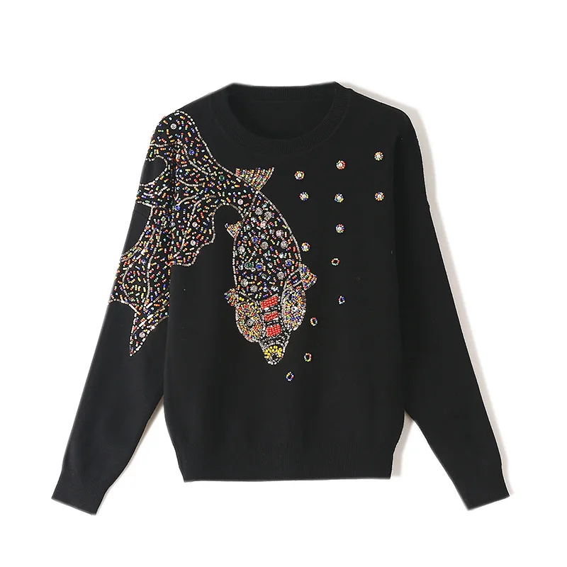 

Fannic 2020 Autumn Goldfish Beaded Diamond Embroidery Solid Color Knitted Black White Round Neck Long Sleeve Sweater Female