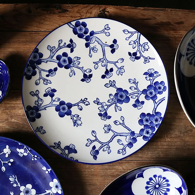 Обеденные тарелки в богемном стиле с синим геометрическим узором керамическая