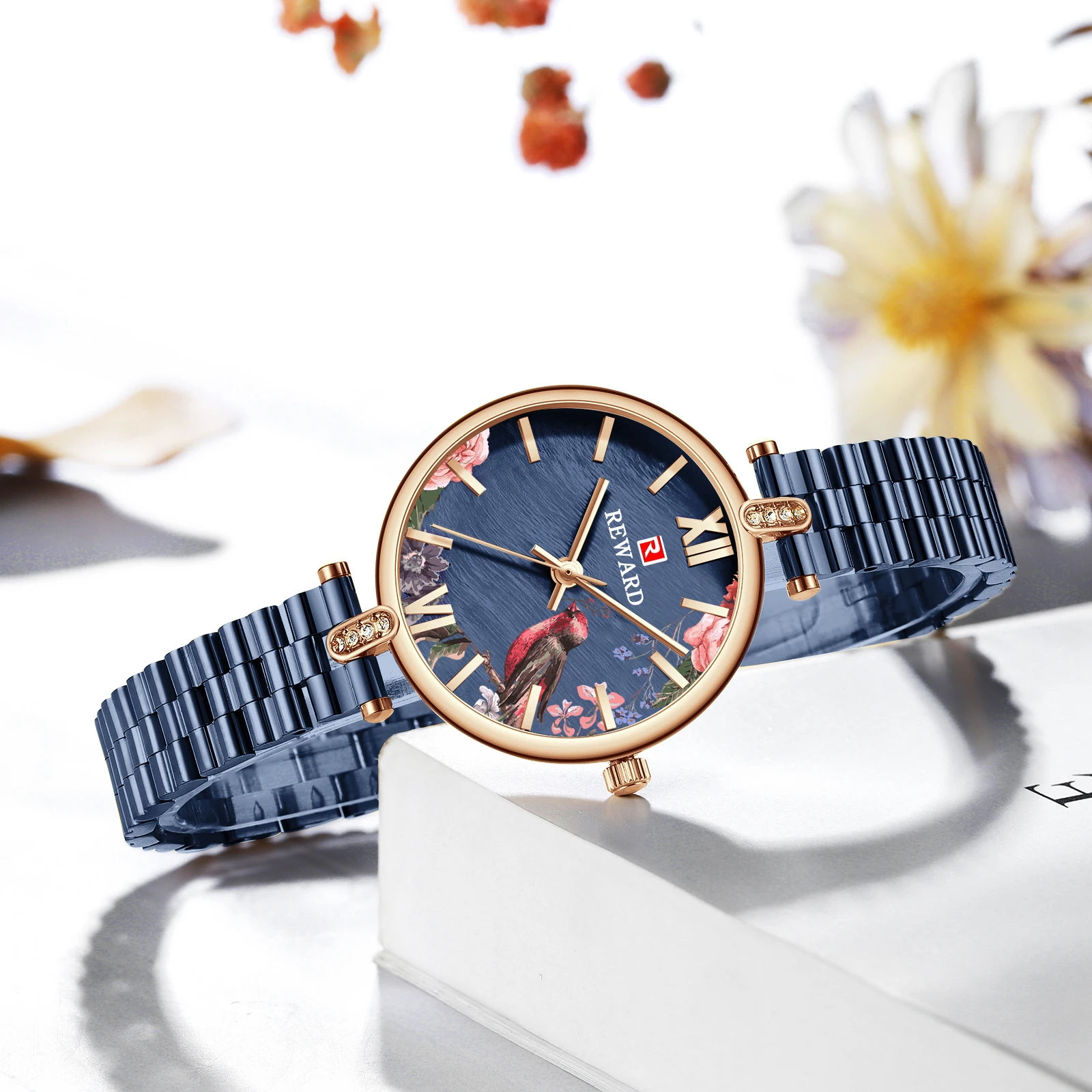 REWARD Luxury Women Watch Top Brand Stainless Steel Wrist Watches For Woman Rhinestone Quartz Ladies Clock Hign End Female Gift