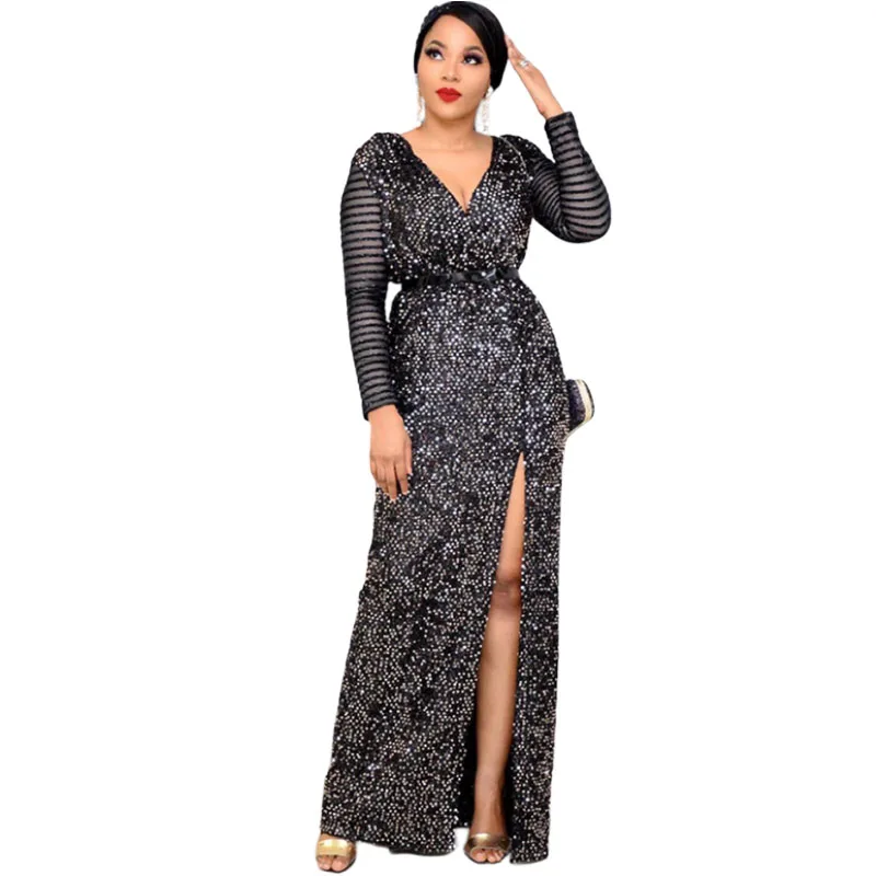 

2020 spring elegent african women v-neck long sleeve polyester long dress