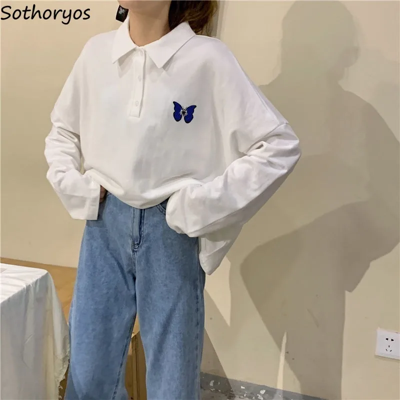 Женская свободная футболка с длинным рукавом и отложным воротником топы