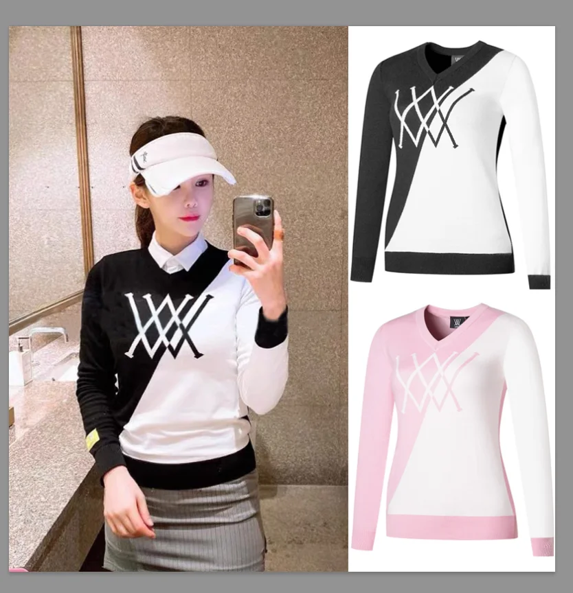 

Одежда для гольфа, женская одежда контрастных цветов, зимняя одежда для гольфа, теплый свитер высокого качества с длинным рукавом, верхняя о...