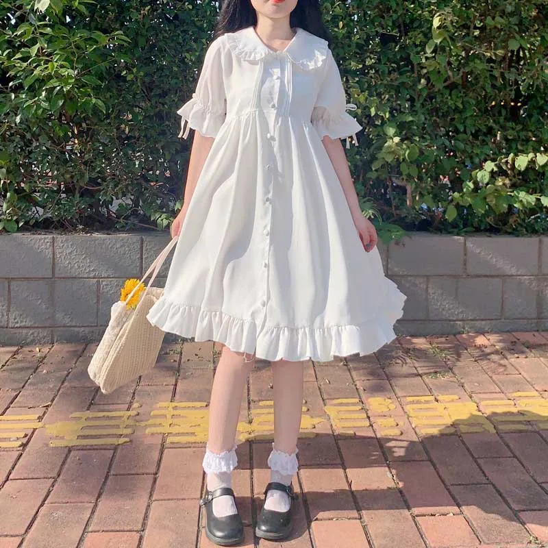 

Japanese Flare Sleeve Chiffon Cute Kawaii Dresses Doll Collar High Waist Loose Dress Lolita Style Summer Women White Dress 2021