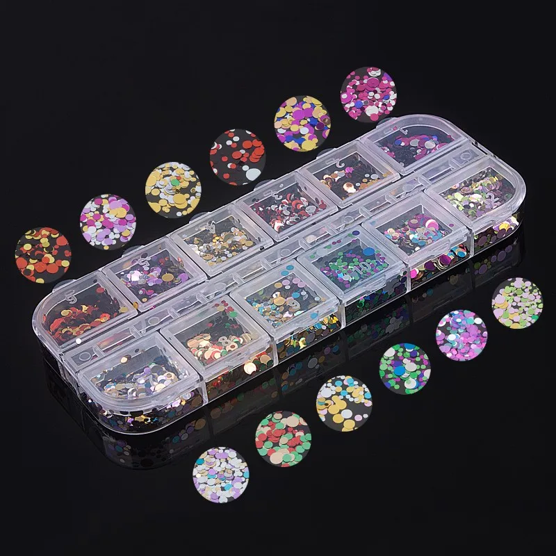 12 ячеек/комплектов 3D блестящие хлопья для ногтей смешанные зеркальные/русалки/сахарные круглые самодельные