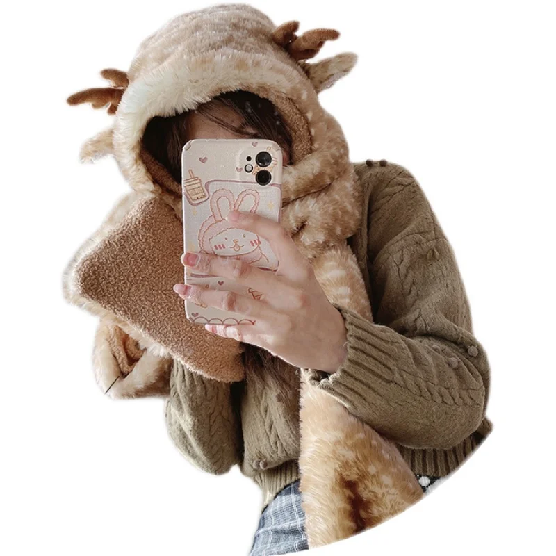 

Kawaii Girl Antlers Bear Ear Thicken Hat Female Retro Lolita Autumn Winter Lovely Plush Scarf Protection Warm Gloves Integrated