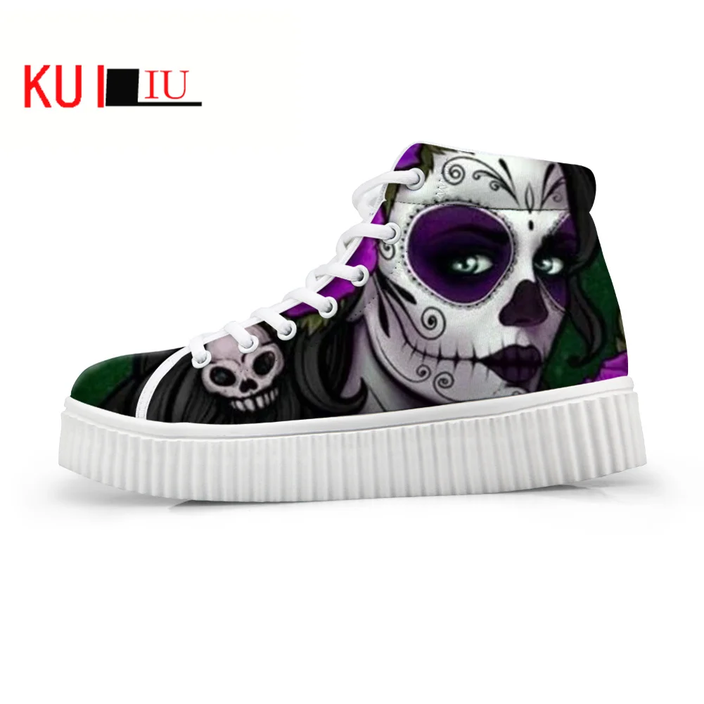 

KUILIU 2021 Women Loafers Skull Beauty Graffiti Print Flat on Platform Shoes Thick Sole Slip on Shoes Ladies Casual Shoes