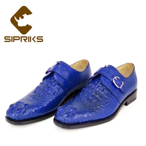 Sipriks Imported Blue Crocodile Skin Shoe 100% Men's Single Monk Strap Elegant Black Buckle Goodyear Welted Formal Shoes Italian