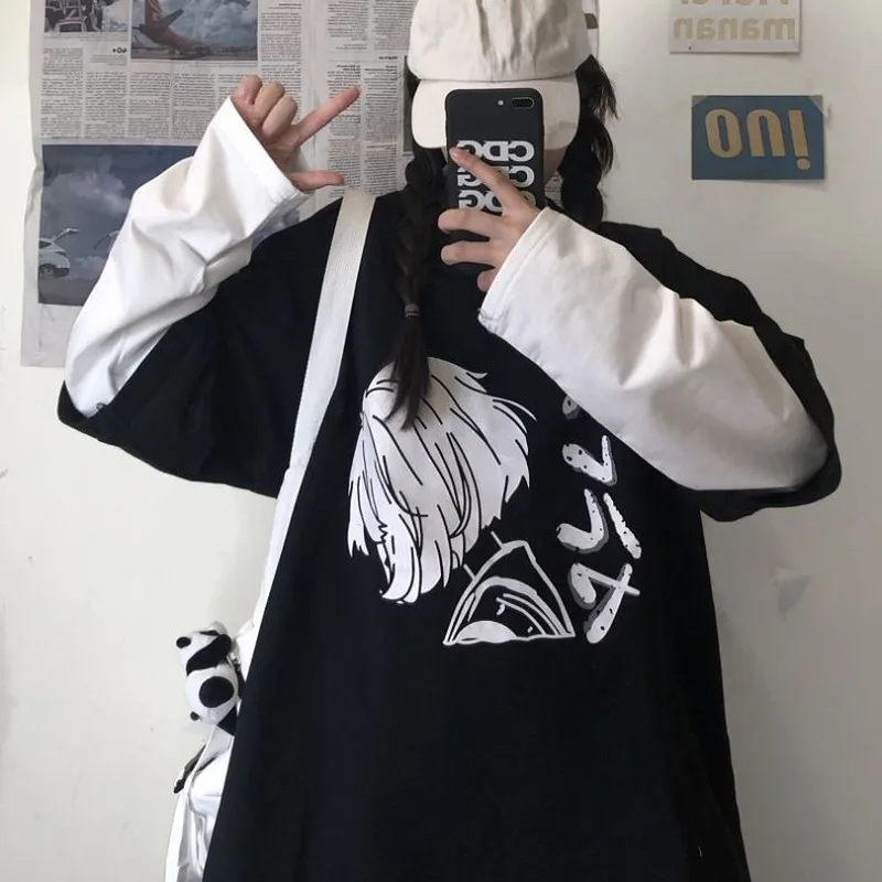 

QWEEK Korean Style Woman Tshirts Fashion 2021 Gothic T Shirts Women Long Sleeve Print Tops Casual Streetwear Graphic T Shirts