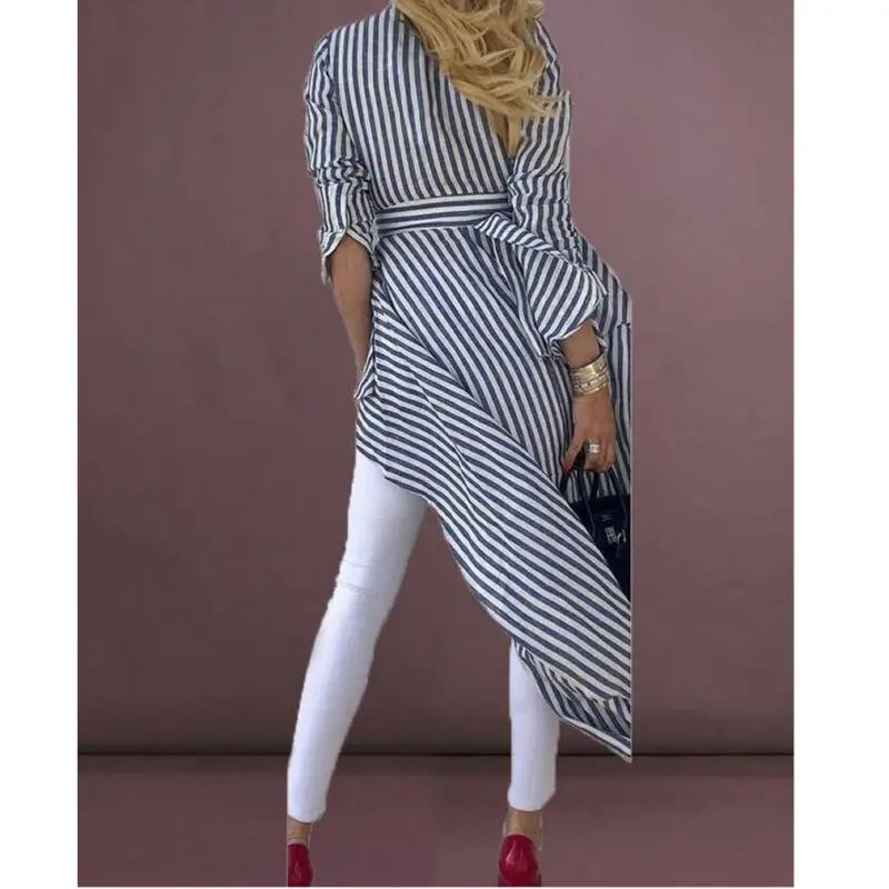 Женская рубашка в полоску с длинным рукавом и V-образным вырезом | одежда