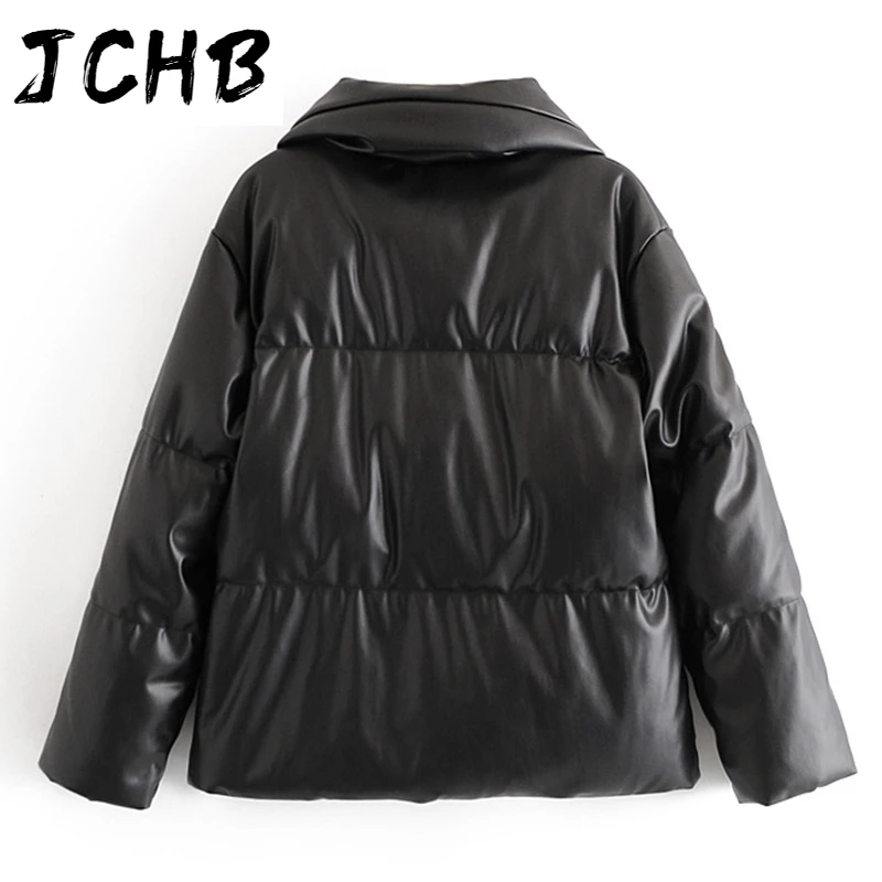 

Women PU Leather Parkas Fashion High Street Solid Faxu Leather Coats Elegant Winter Thick Cotton Jackets Loose Outerwear