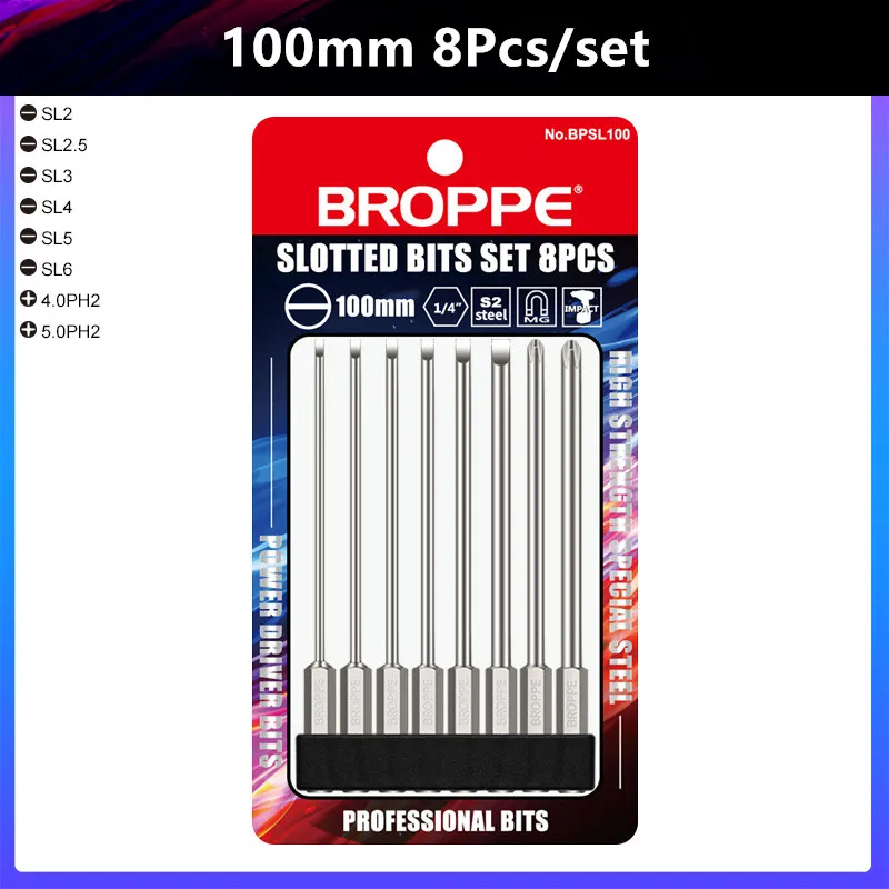 

2021BROPPE S2 Alloy Steel Magnetic Flat Head Slotted + cross head Phillips Tip Screwdrivers Bits 8Pcs 1/4 Inch Hex Shank