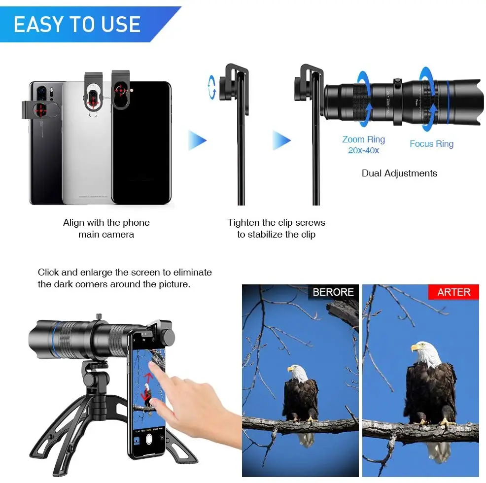 

Apexel HD 20-40X Zoom Lens with Tripod Telephoto Mobile Phone Lens Telescope for iPhone Other Smartphones Hunting Camping Sports