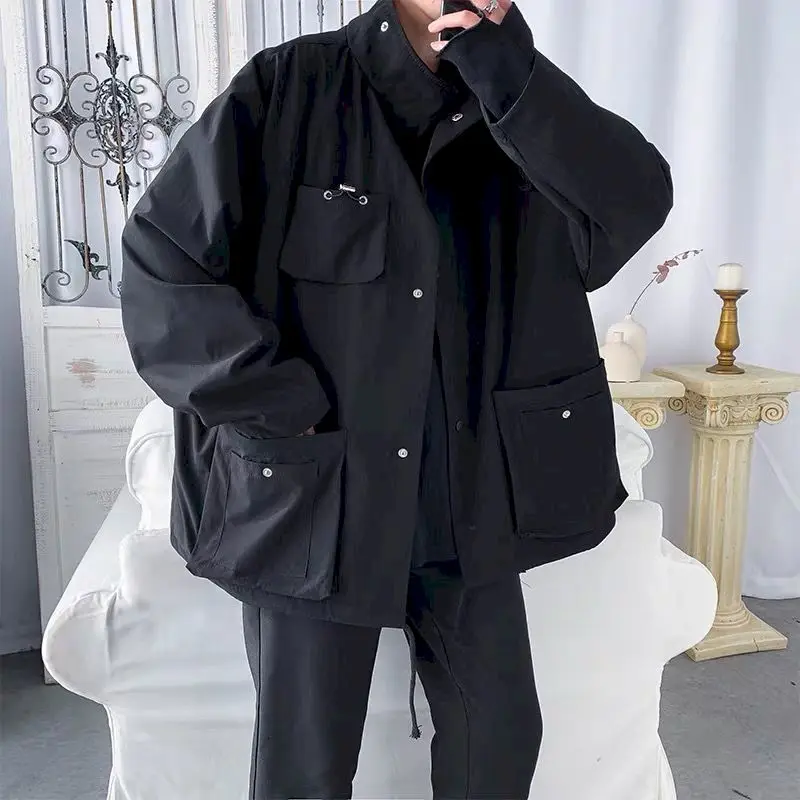 

Куртка в гонконгском стиле для инструментов, Мужская весенне-осенняя куртка в стиле Харадзюку, красивая ветрозащитная куртка на пуговицах ...