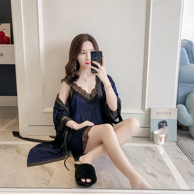 

Navy Blue Velvet Autumn Sleepwear For Women 2PCS Summer Bathrobe Sleep Tops Lingerie Set Sexy Casual Daily