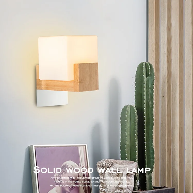 

New modern creative square wall lamp led living room bedroom simple wood art bedside lamp corridor Wood Nordic wall lamp