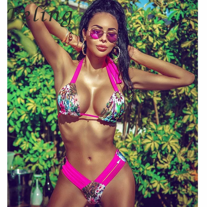 

Купальник женский с цветочным принтом, комплект из двух предметов, пикантный бикини с чашками пуш-ап и высокой талией, летняя купальная одеж...