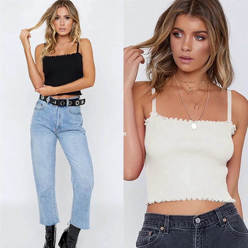 

Summer Slim Tank Tops Clothing Top Female Spaghetti Strap Plain Vest Women Frill Trim Cami Stretchy Ribbed Knit Crop Top