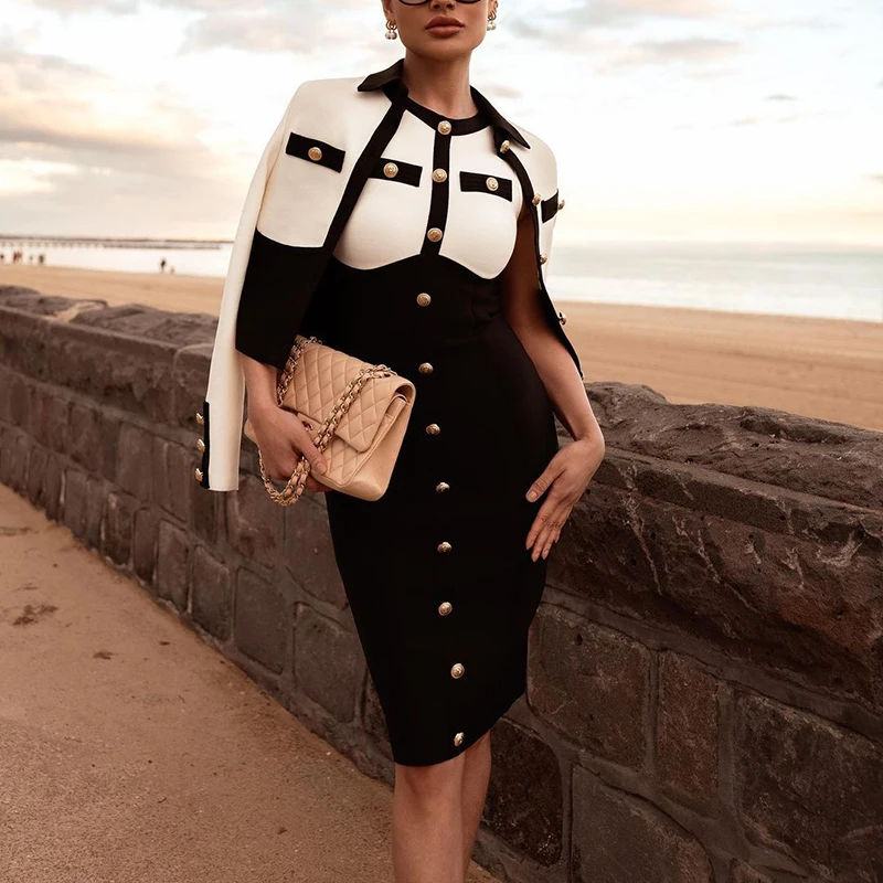 

Женское однобортное платье-миди, черно-Белое Облегающее вечервечерние платье составного кроя с круглым вырезом и рукавами, для лета, 2021