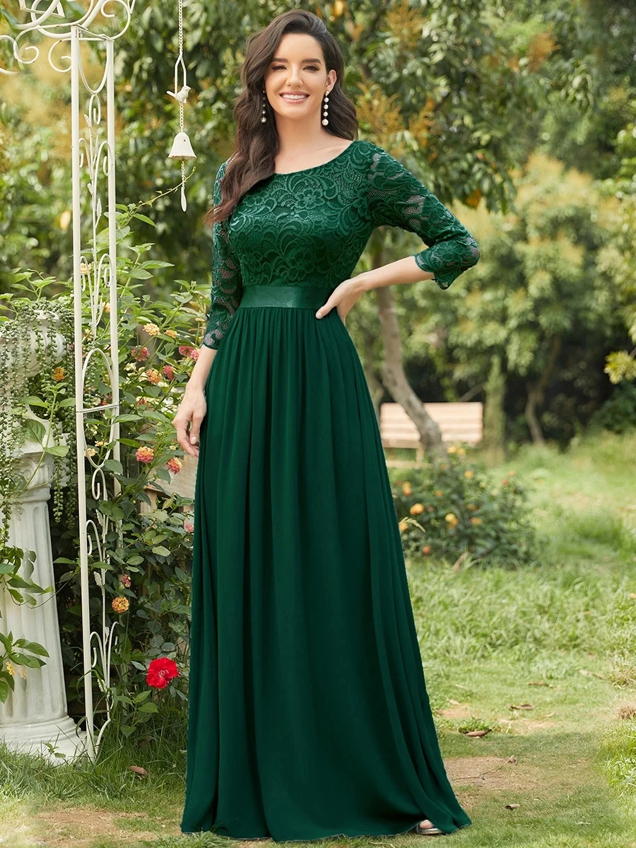 

Женское длинное вечернее платье Ever Pretty, шифоновое зеленое элегантное платье-трапеция с длинным рукавом, с кружевом, для гостей свадьбы, EP07412,...
