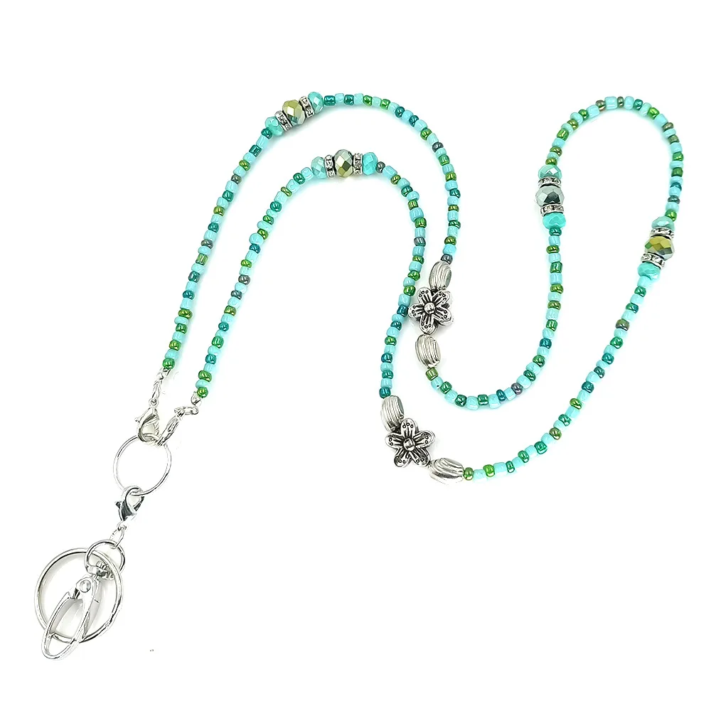 

Women's Fashion Blue Glass Beads Lanyard Necklace ID Badge Holder Lanyard ID Necklace Lanyards with ID Holder Keychain Holder
