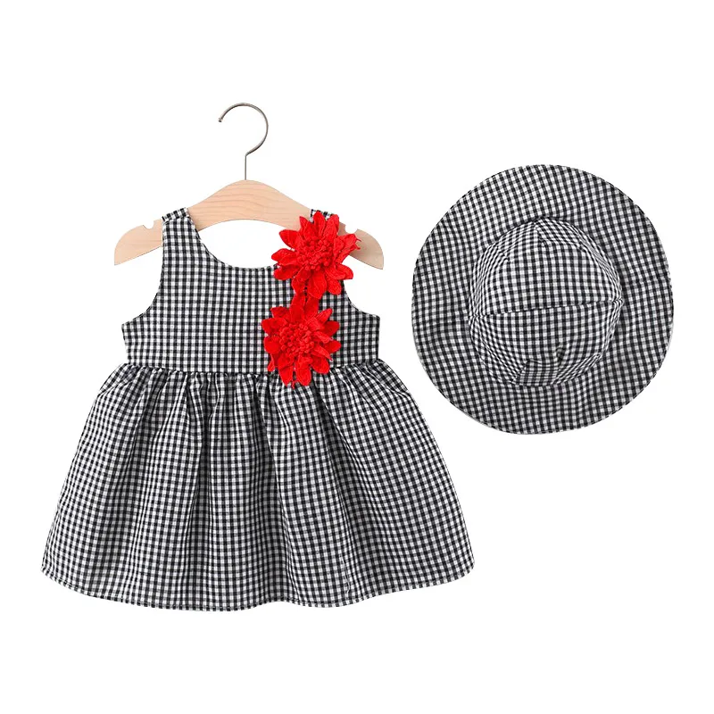 

Baby Summer Dress Sun Hat Plaid Red Flower Princess Dresses for Girls Children Clothes Kids A-Line Sling Skirt Birthday Clothing