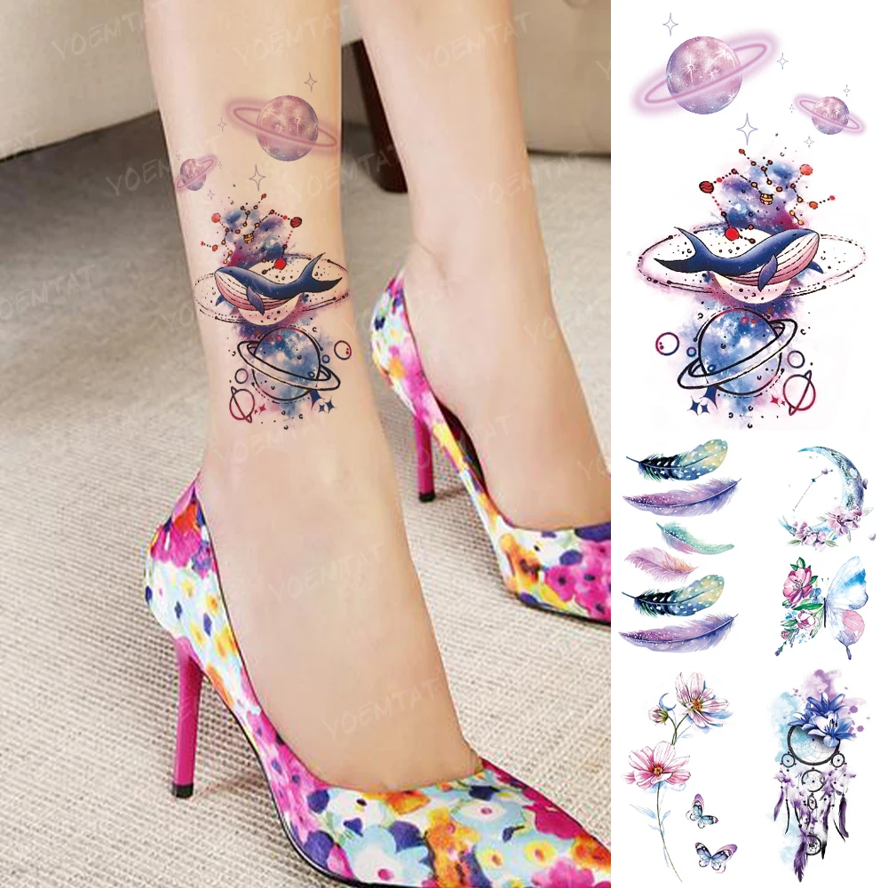 

Waterproof Temporary Tattoo Sticker Ocean Planet Whale Feather Flower Moon Tatto Leg Arm Fake Tatoo Man Woman Child Tattoos Art