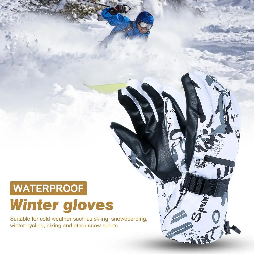 

1 Pair Of Gray And White Patterned Winter Warm Motorcycle Waterproof Touch Screen Male And Female Couples Outdoor Sports Gloves