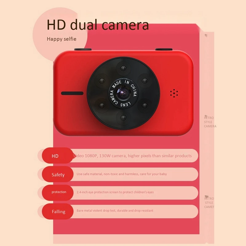 

2set Kids Camera 4K HD Mini Children's Camera 1.3 Million Pixel Smart Focus Children's Digital Camera(Red&Apricot)