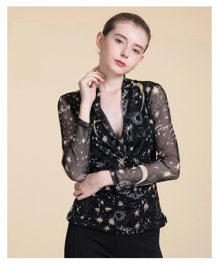 

100% Silk Women's Blouse Sexy V Neck Long Sleeves Printed Fashion Casual Shirt Tops