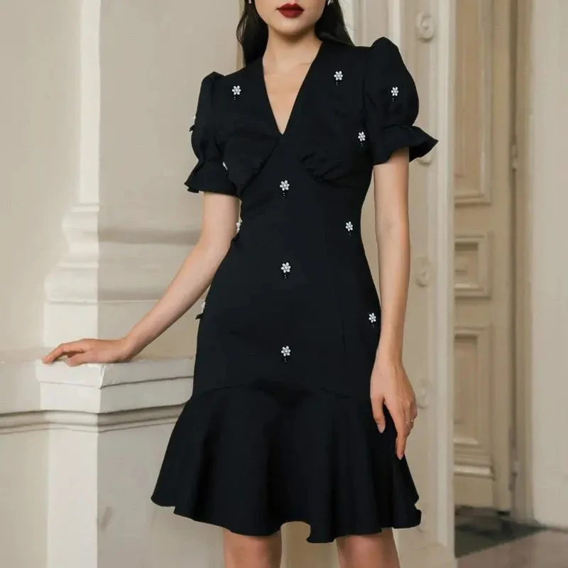 

French dress advanced sense small black dress temperament slim dress women summer vestido feminino vintage Sheath