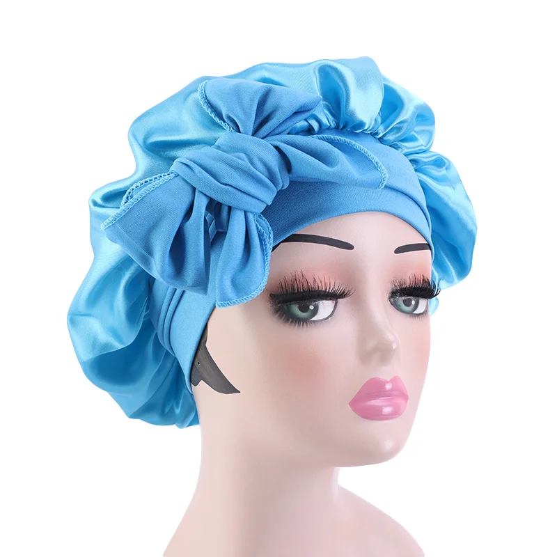 Satin Women Bonnet Stretch Solid With Wide Ties Long Hair Care Night Sleep Hat Adjust Hair Styling Cap Silk Head Wrap Shower Cap