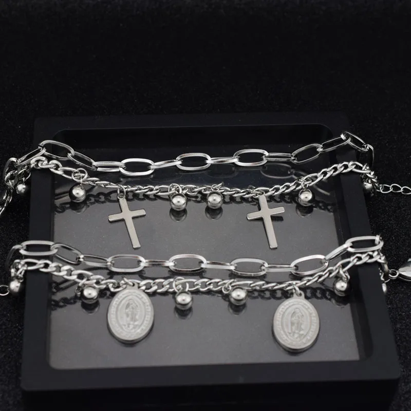 

Silver Color Cross Round Pendant Charm Stainless Steel Bracelets For Women Men Beads Pulseras Mujer Punk Accessory Jesus Jewelry