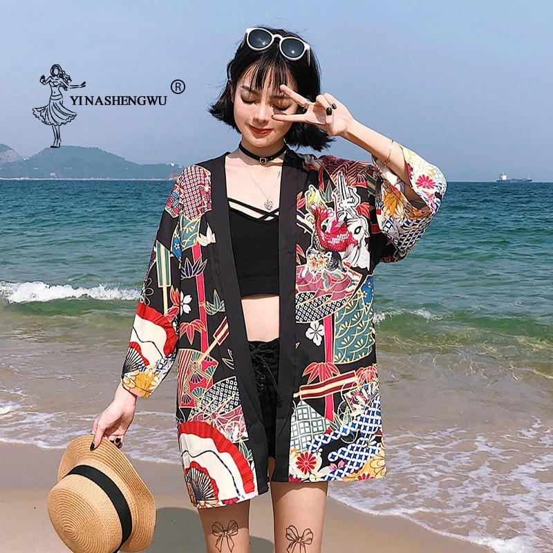 

Japanese Kimono Women Harajuku Kimono Shirts Embroided Fox Blouses Loose Casual Tops Leisure Kimono Cosplay Kimono with Belt