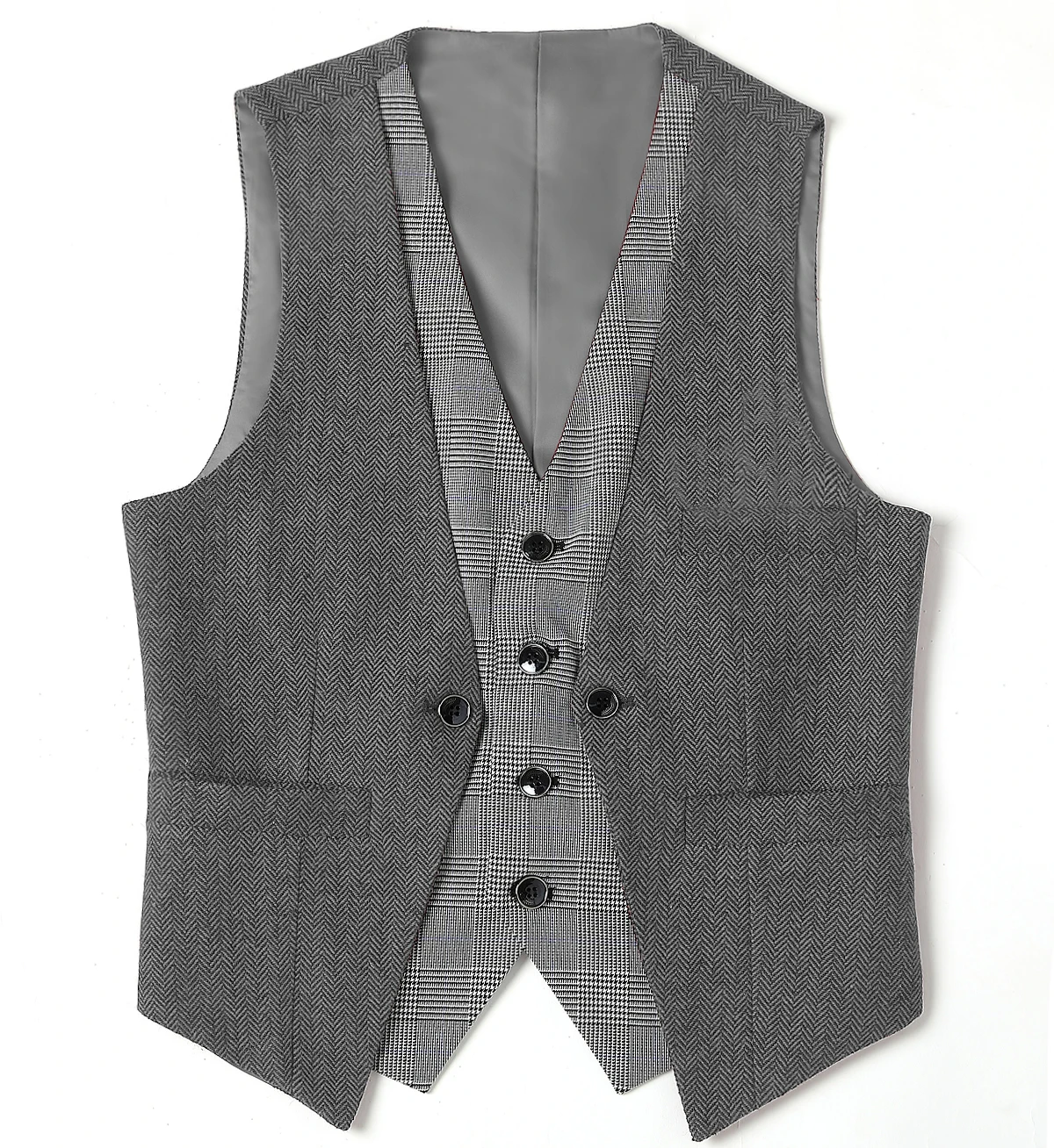 Мужской костюм из жилета шерстяной жилет в клетку с узором елочку V-образным