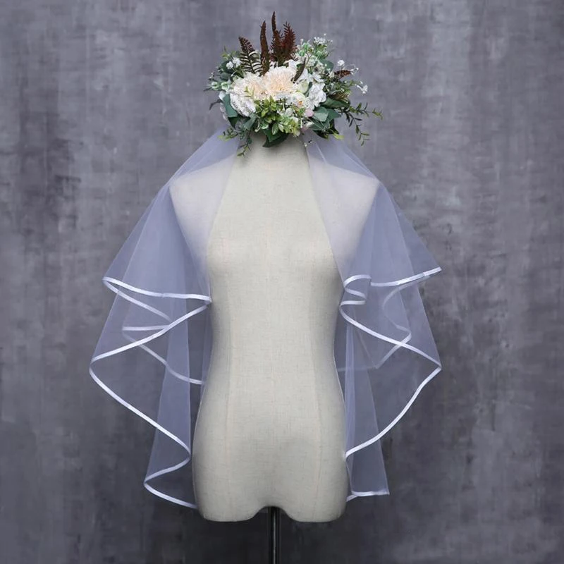 Короткая свадебная вуаль два слоя 2T тюль кромка ленты короткая фата аксессуары